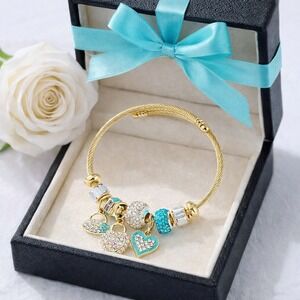 Gold Cable Wire Bangle Bracelet Heart Charms Teal‎ Crystal Beads Women Jewelry